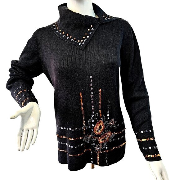 Y2K KIKIT Embellished Black Sweater Sz M Cotton Knit Bead Embroider High Collar - Picture 1 of 7